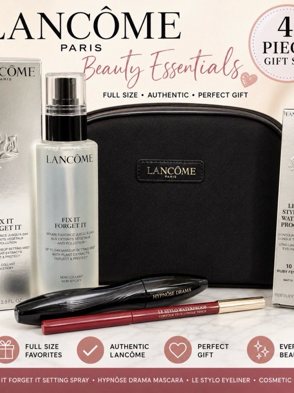 Lancôme Beauty Essentials Set with Black Pouch, Red Eyeliner, Black Mascara